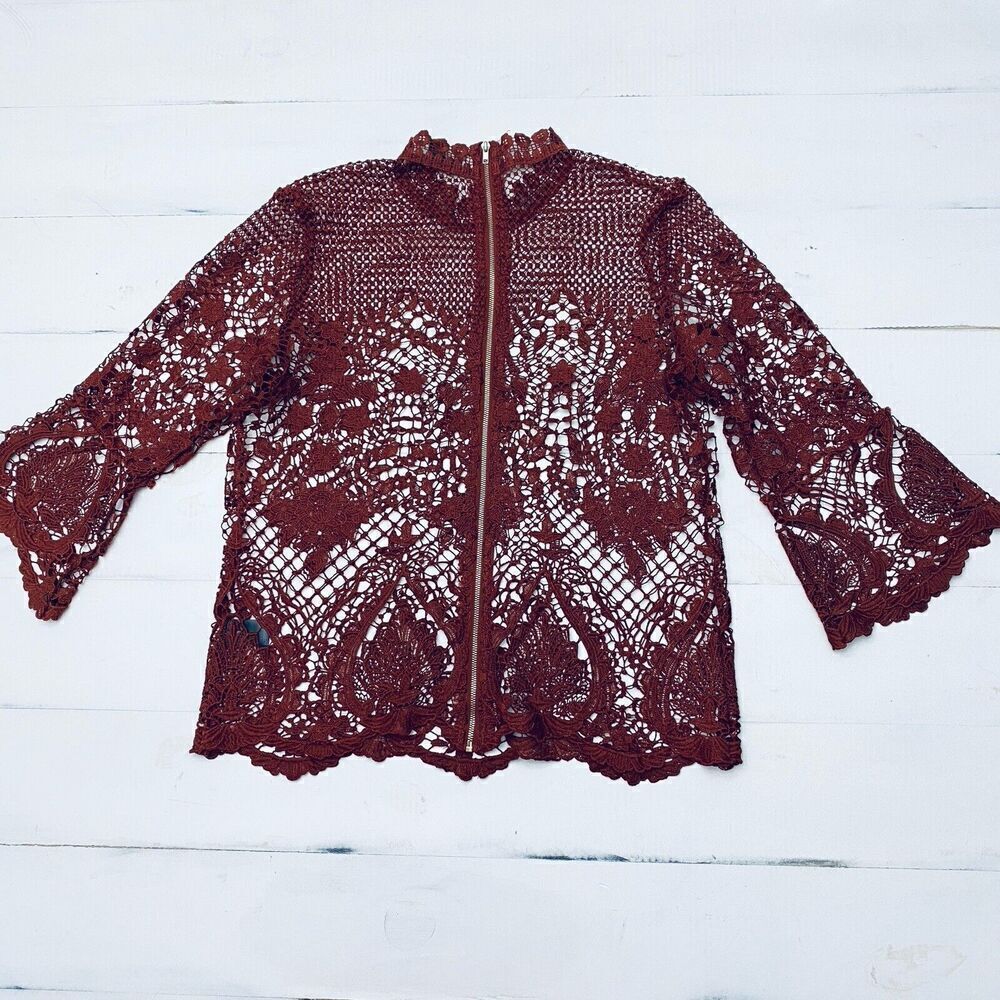 BOLD ELEMENTS LACEY Rust Orange Zipper Overlay Top SIze MEDIUM Bell Sleeve - Picture 12 of 15